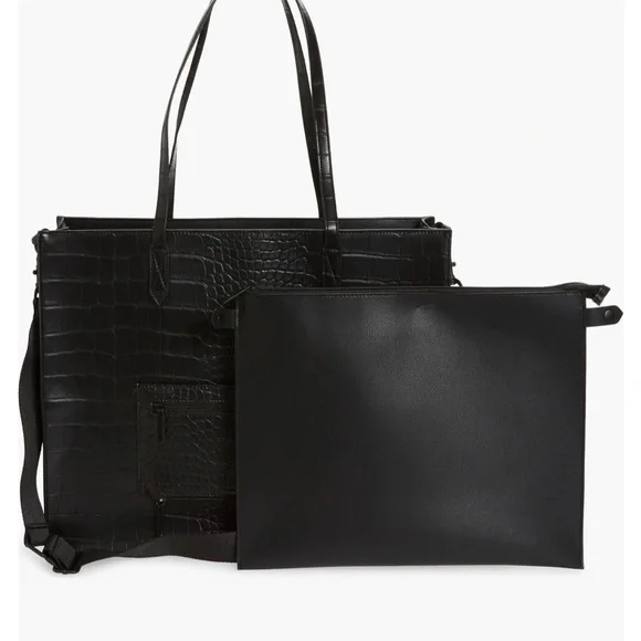 BEIS Black Structured Tote Bag with Crocodile Texture - Picture 3 of 8